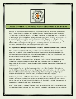 Define Electrical - A Certified Master Electrician in Edmonton