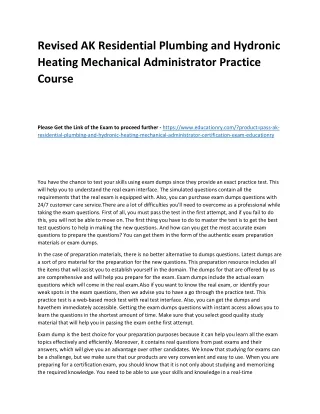 Revised AK Residential Plumbing and Hydronic Heating Mechanical Administrator Pr