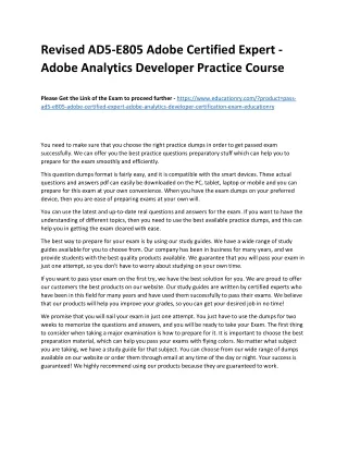 Revised AD5-E805 Adobe Certified Expert - Adobe Analytics Developer Practice Cou