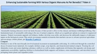 Enhancing Sustainable Farming With Various Organic Manures As Per Benedict T Pal