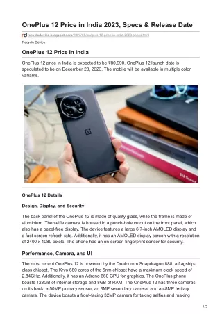 OnePlus 12 Price in India 2023, Specs & Release Date