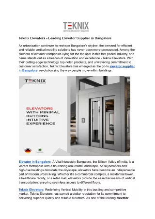 Teknix Elevators - Leading Elevator Supplier in Bangalore