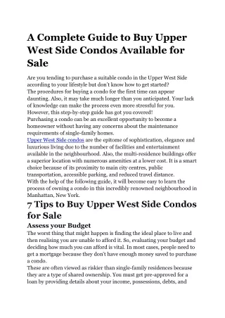 A Complete Guide to Buy Upper West Side Condos Available for Sale