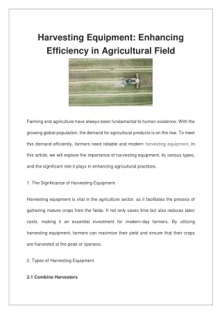 Harvesting Equipment Enhancing Efficiency in Agricultural Field