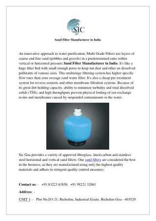 Sand Filter Manufacturer in India -SIC Goa