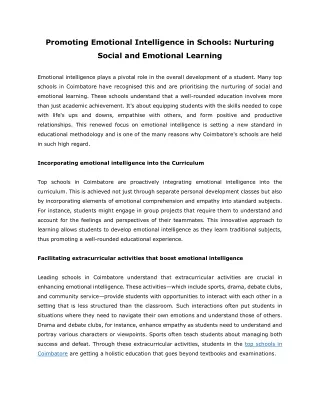 Promoting Emotional Intelligence in Schools- Nurturing Social and Emotional Learning