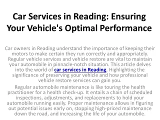 Car Services in Reading Ensuring Your Vehicle's Optimal Performance