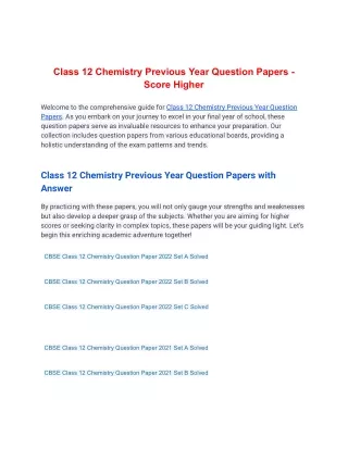 Class 12 Chemistry Previous Year Question Papers - Score Higher