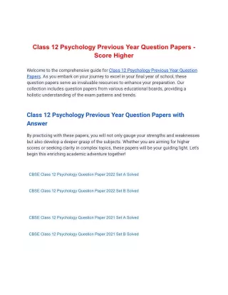 Class 12 Psychology Previous Year Question Papers - Score Higher