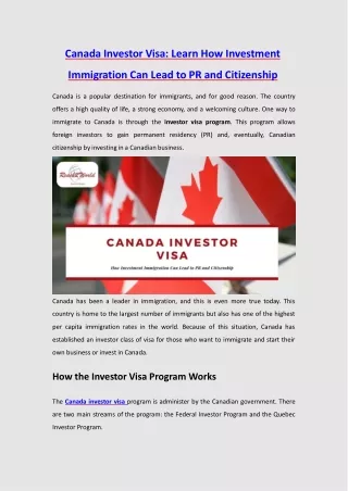 Canada Investor Visa: Learn How Investment Immigration Can Lead to PR