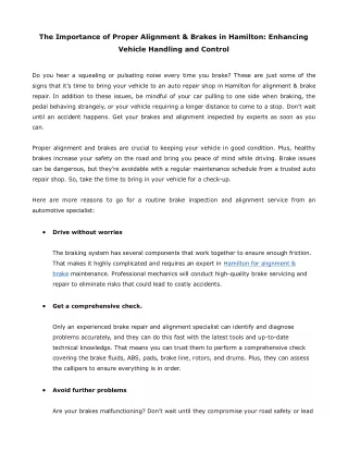 The Importance of Proper Alignment & Brakes in Hamilton Enhancing Vehicle Handling and Control