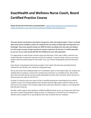 Exact Health and Wellness Nurse Coach, Board Certified Practice Course