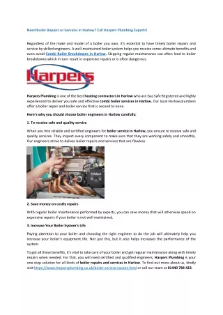 Need Boiler Repairs or Services in Harlow? Call Harpers Plumbing Experts!