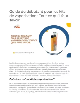 Guide du débutant pour les kits de vaporisation  Tout ce qu'il faut savoir