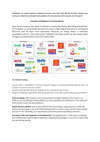 Philippines Car Rental Market Outlook to 2027