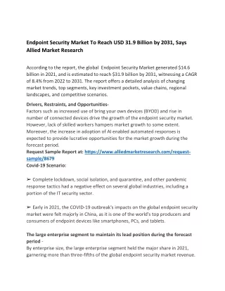 Endpoint Security Market To Reach USD 31.9 Billion by 2031, Says Allied Market R