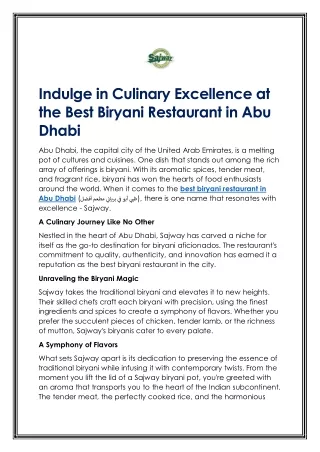 Indulge in Culinary Excellence at the Best Biryani Restaurant in Abu Dhabi