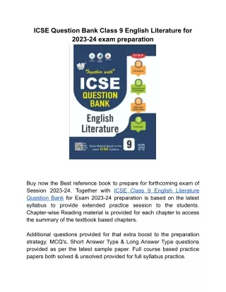 English Literature ICSE Question Bank Class 9 with practice papers for 2024 exam