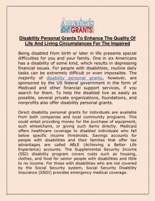 Disability Personal Grants To Enhance The Quality Of Life And Living Circumstances For The Impaired