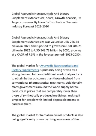 Global Ayurvedic Nutraceuticals And Dietary Supplements Market Size