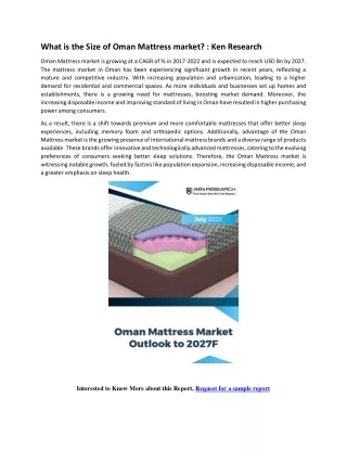 Oman Mattress Market Outlook to 2027F: Ken Research