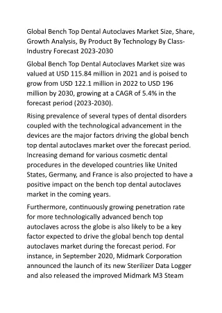 Global Bench Top Dental Autoclaves Market Size