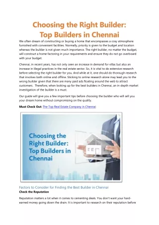 Choosing the Right Builder: Top Builders in Chennai