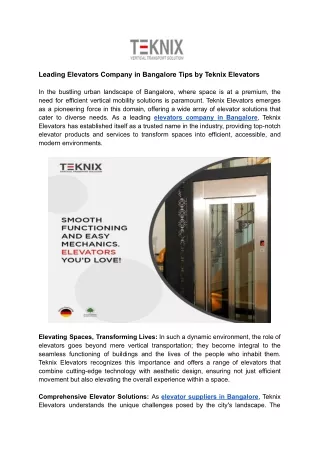 Leading Elevators Company in Bangalore Tips by Teknix Elevators