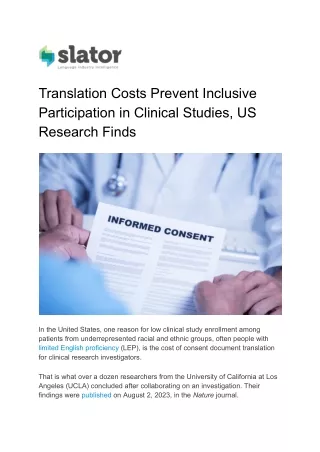 Translation Costs Prevent Inclusive Participation in Clinical Studies, US Research Finds