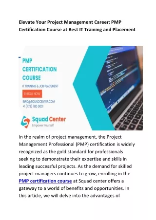 Elevate Your Project Management Career PMP Certification Course at Squadcenter IT Training and Placement