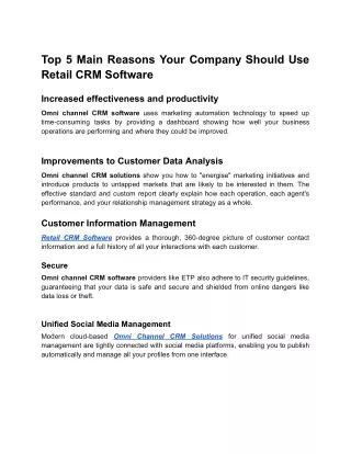 Top 5 Main Reasons Your Company Should Use Retail CRM Software