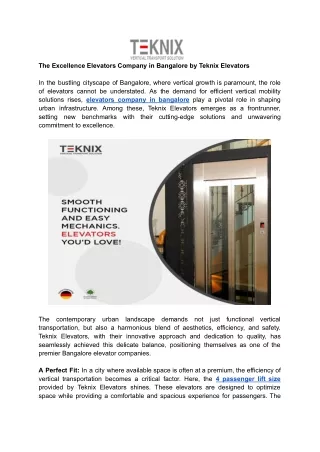 The Excellence Elevators Company in Bangalore by Teknix Elevators