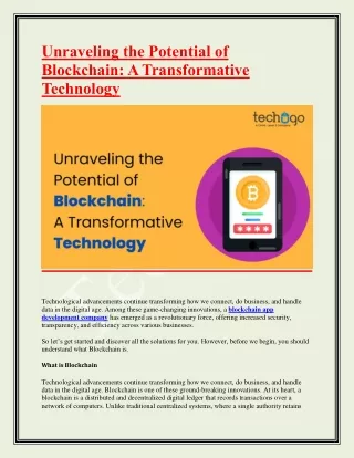 Unraveling the Potential of Blockchain-A Transformative Technology