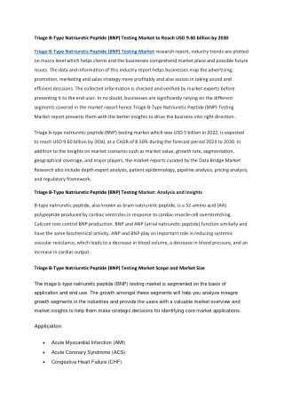 Triage B-Type Natriuretic Peptide (BNP) Testing Market to Reach USD 9.60 billion by 2030