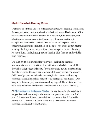 Mythri Speech And Hearing Center | Best Speech And Hearing Center