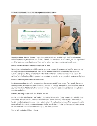 Local Movers and Packers Pune: Making Relocation Hassle-Free