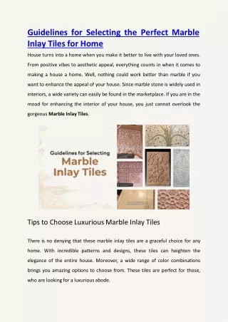 Guidelines for Selecting the Perfect Marble Inlay Tiles for Home