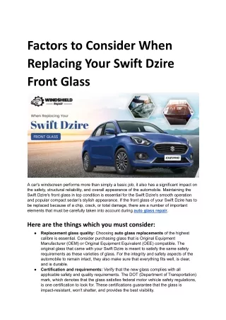 Factors to Consider When Replacing Your Swift Dzire Front Glass.docx