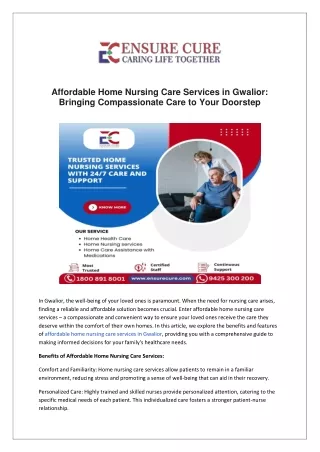 Affordable Home Nursing Care Services in Gwalior