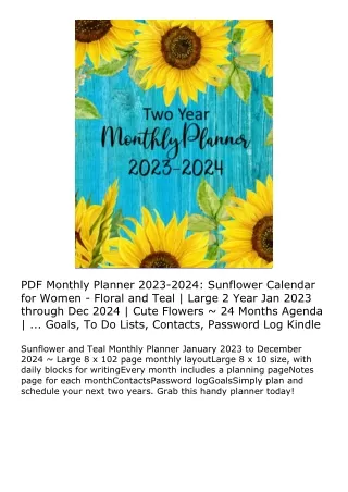 PDF Monthly Planner 2023-2024: Sunflower Calendar for Women - Floral and Teal |