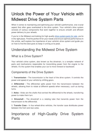 Unlock the Power of Your Vehicle with Midwest Drive System Parts