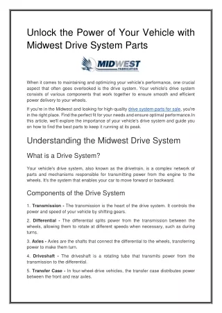 Unlock the Power of Your Vehicle with Midwest Drive System Parts