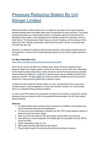 Pressure Reducing Station By Uni Klinger Limited