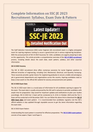 Complete Information on SSC JE 2023 Recruitment Syllabus, Exam Date & Pattern