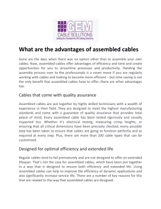 What are the Advantages of Assembled Cables - Gem Cable Solutions