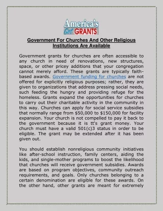 Government For Churches And Other Religious Institutions Are Available