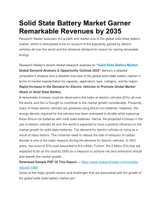 Solid State Battery Market Garner Remarkable Revenues by 2035