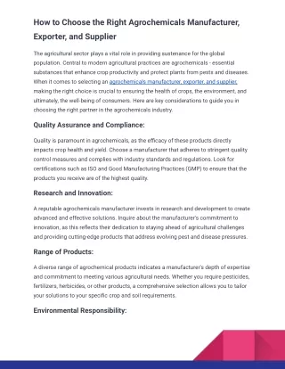 How to Choose the Right Agrochemicals Manufacturer, Exporter, and Supplier