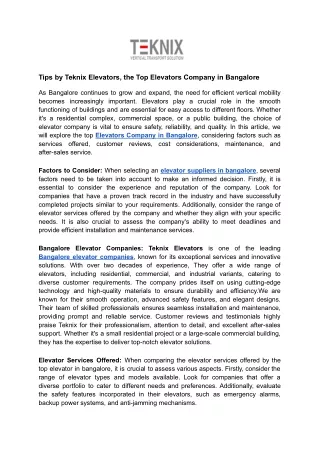Tips by Teknix Elevators, the Top Elevators Company in Bangalore