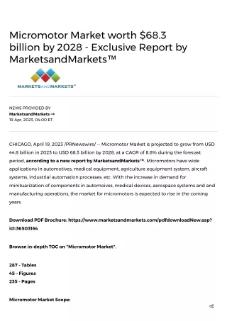 Micromotor Market worth $68.3 billion by 2028 - Exclusive Report by MarketsandMarkets™